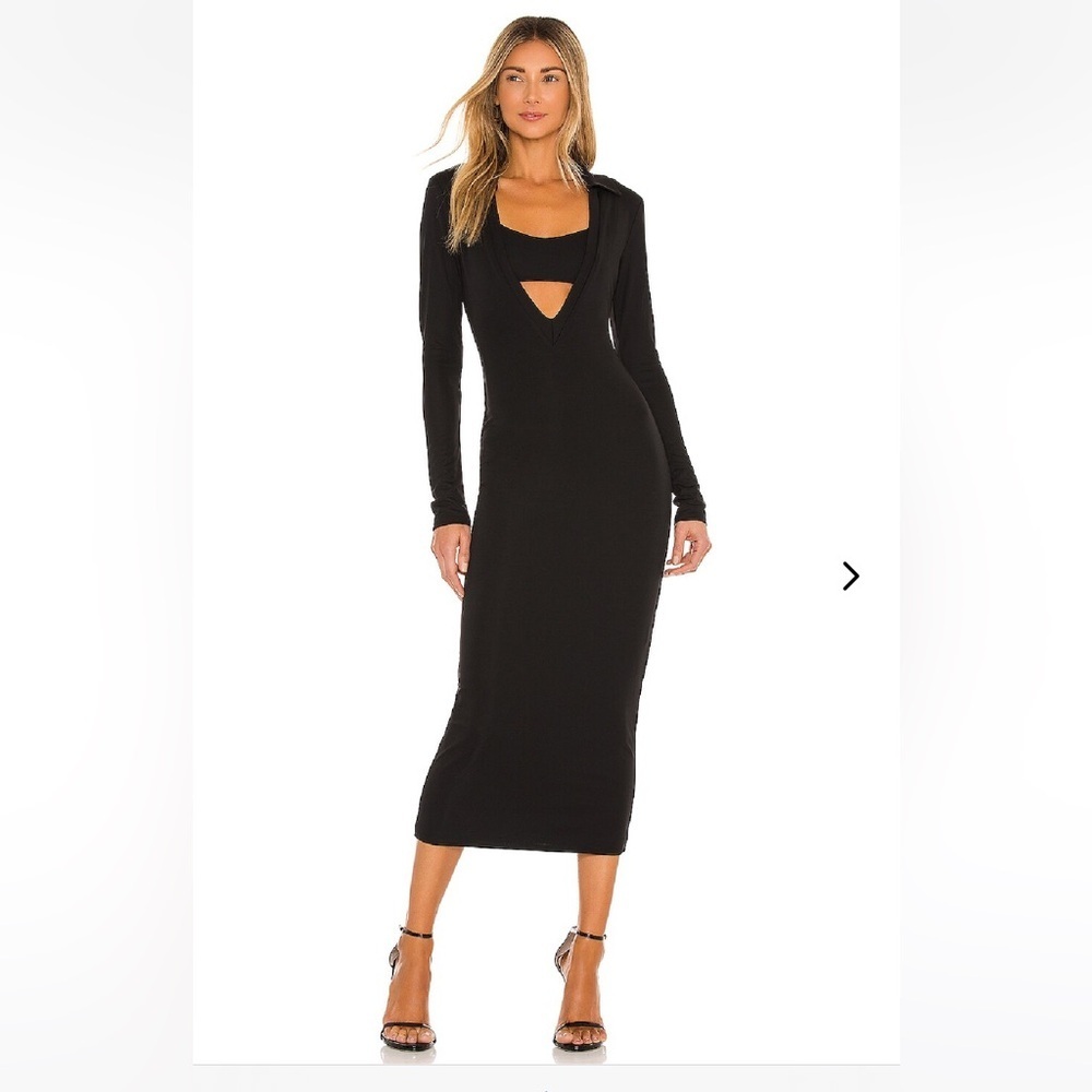 Lovers + Friends James Black Midi Dress Long Sleeve Cut-Out V-Neck‎ XS NWT